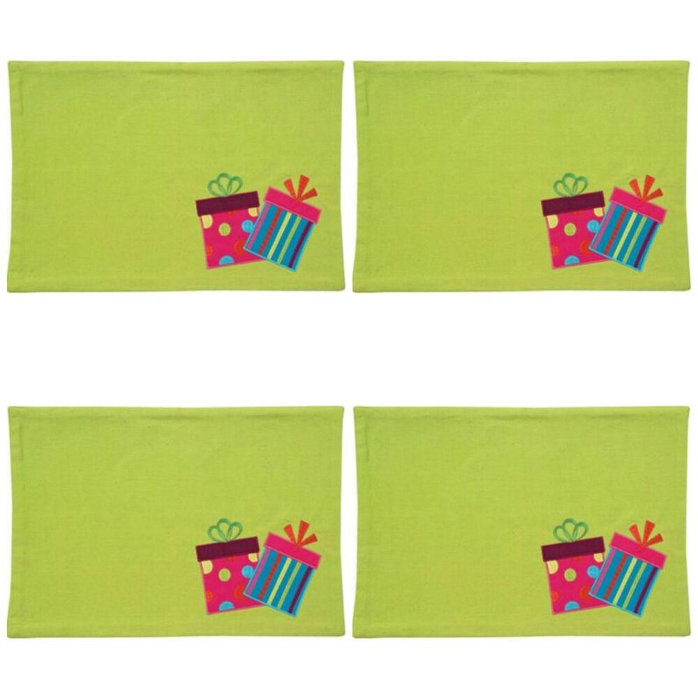 Winter Whimsy Lime Green Holiday Gifts Placemats Set of 4 100% Cotton